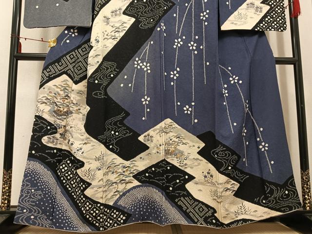 平和屋着物●訪問着　友禅　風景草花文　金彩　銀通し地　正絹　逸品　AABI2974ph