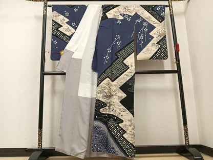 平和屋着物●訪問着　友禅　風景草花文　金彩　銀通し地　正絹　逸品　AABI2974ph