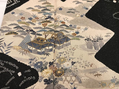 平和屋着物●訪問着　友禅　風景草花文　金彩　銀通し地　正絹　逸品　AABI2974ph
