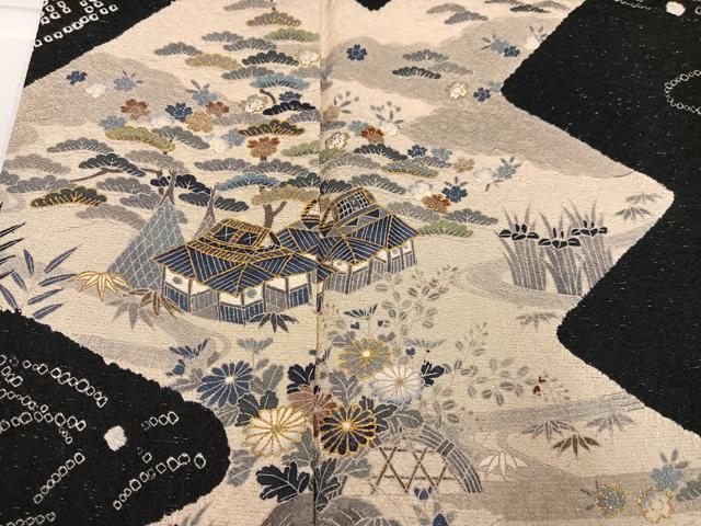 平和屋着物●訪問着　友禅　風景草花文　金彩　銀通し地　正絹　逸品　AABI2974ph