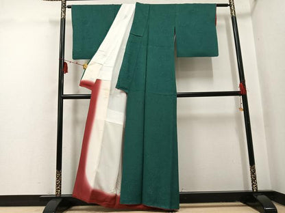 平和屋着物●上質な色無地　辻が花地紋　萌葱色　正絹　逸品　AABI2976ph