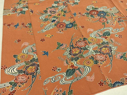 平和屋着物●上質な小紋　紅型　花鳥文　鬼しぼ縮緬　正絹　逸品　AABI2986ph