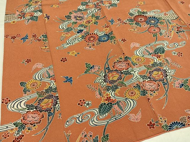 平和屋着物●上質な小紋　紅型　花鳥文　鬼しぼ縮緬　正絹　逸品　AABI2986ph