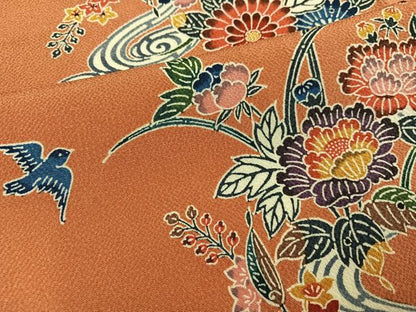 平和屋着物●上質な小紋　紅型　花鳥文　鬼しぼ縮緬　正絹　逸品　AABI2986ph
