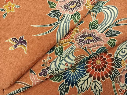 平和屋着物●上質な小紋　紅型　花鳥文　鬼しぼ縮緬　正絹　逸品　AABI2986ph