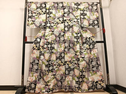 平和屋着物●上質な小紋　草花文　黒地　やまと誂製　正絹　逸品　未使用　AABI2987ph