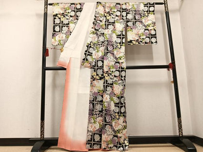 平和屋着物●上質な小紋　草花文　黒地　やまと誂製　正絹　逸品　未使用　AABI2987ph