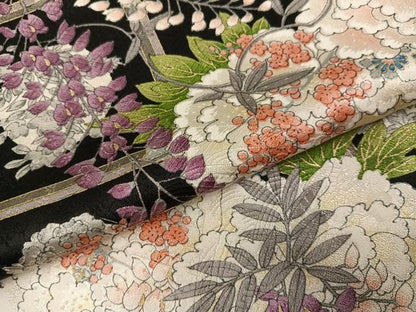 平和屋着物●上質な小紋　草花文　黒地　やまと誂製　正絹　逸品　未使用　AABI2987ph