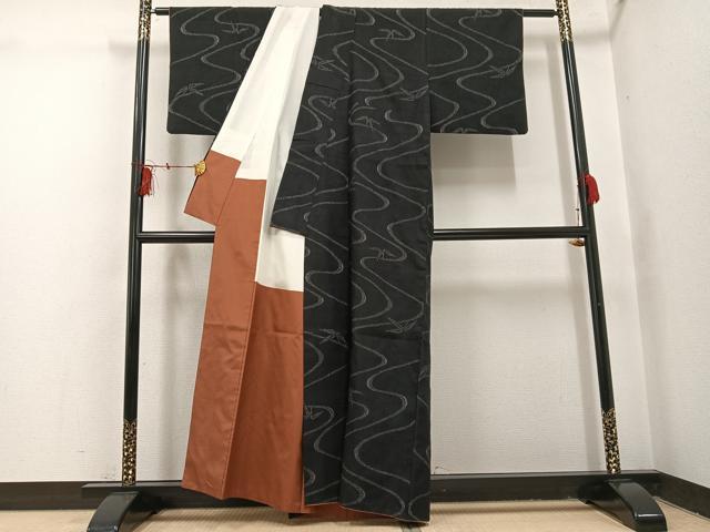 平和屋着物●結城紬　100亀甲　流水笹文　正絹　逸品　AABI2991ph