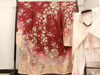 平和屋着物●豪華振袖・長襦袢(無双仕立て)セット　刺繍　草花文　暈し染め　金彩　金通し地　半衿刺繍　正絹　逸品　AABI2993ph