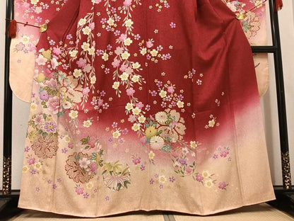 平和屋着物●豪華振袖・長襦袢(無双仕立て)セット　刺繍　草花文　暈し染め　金彩　金通し地　半衿刺繍　正絹　逸品　AABI2993ph