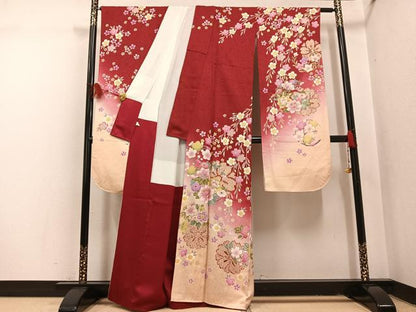 平和屋着物●豪華振袖・長襦袢(無双仕立て)セット　刺繍　草花文　暈し染め　金彩　金通し地　半衿刺繍　正絹　逸品　AABI2993ph