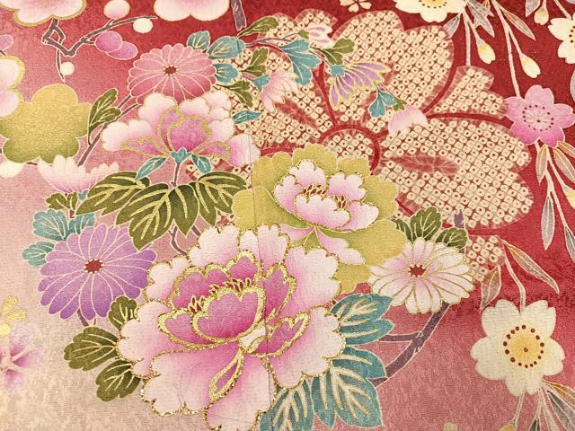 平和屋着物●豪華振袖・長襦袢(無双仕立て)セット　刺繍　草花文　暈し染め　金彩　金通し地　半衿刺繍　正絹　逸品　AABI2993ph