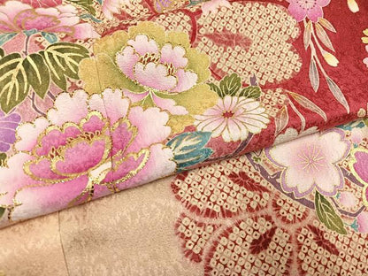 平和屋着物●豪華振袖・長襦袢(無双仕立て)セット　刺繍　草花文　暈し染め　金彩　金通し地　半衿刺繍　正絹　逸品　AABI2993ph