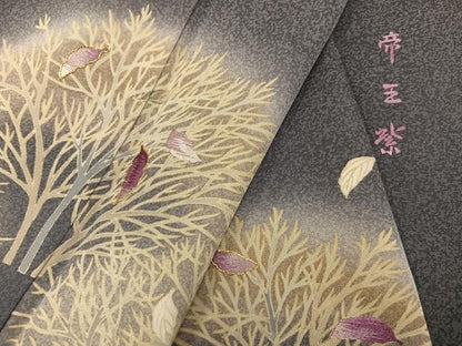 平和屋着物●京の名門　じゅらく謹製　帝王紫(古代帝王紫)　訪問着　駒刺繍　舞葉文　暈し染め　金彩　正絹　逸品　AABI3005ph