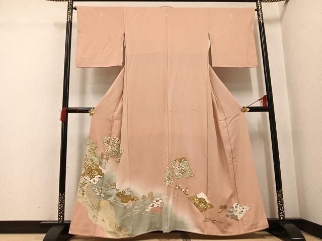 平和屋着物●豪華色留袖　駒刺繍　色紙草花舞蝶文　暈し染め　金彩　正絹　逸品　AABI3012ph