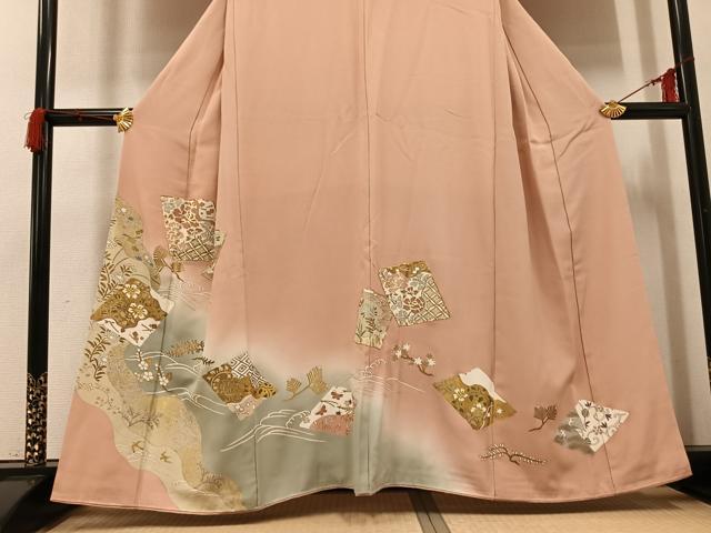 平和屋着物●豪華色留袖　駒刺繍　色紙草花舞蝶文　暈し染め　金彩　正絹　逸品　AABI3012ph