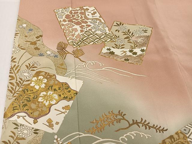 平和屋着物●豪華色留袖　駒刺繍　色紙草花舞蝶文　暈し染め　金彩　正絹　逸品　AABI3012ph