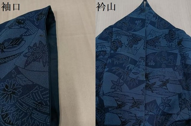 平和屋着物●本藍　小紋　型染め　地紙草花舞蝶文　鬼しぼ縮緬　正絹　逸品　AABI3014ph