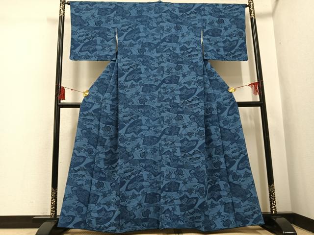 平和屋着物●本藍　小紋　型染め　地紙草花舞蝶文　鬼しぼ縮緬　正絹　逸品　AABI3014ph