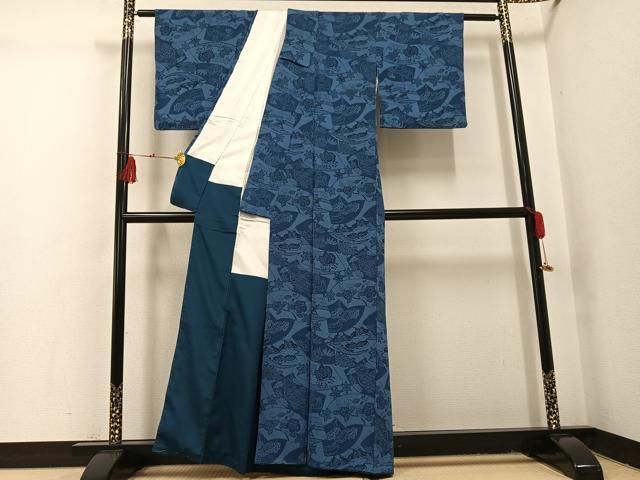 平和屋着物●本藍　小紋　型染め　地紙草花舞蝶文　鬼しぼ縮緬　正絹　逸品　AABI3014ph