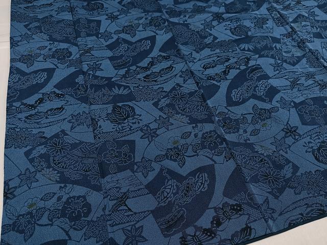 平和屋着物●本藍　小紋　型染め　地紙草花舞蝶文　鬼しぼ縮緬　正絹　逸品　AABI3014ph