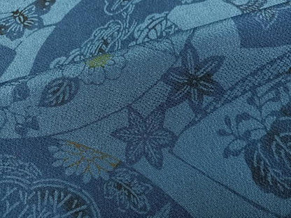 平和屋着物●本藍　小紋　型染め　地紙草花舞蝶文　鬼しぼ縮緬　正絹　逸品　AABI3014ph