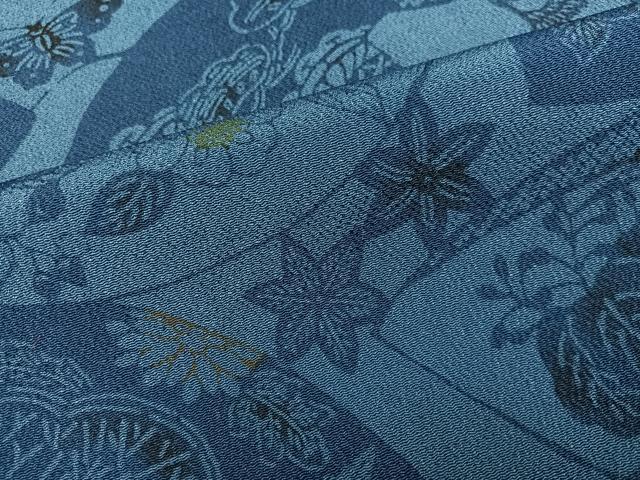 平和屋着物●本藍　小紋　型染め　地紙草花舞蝶文　鬼しぼ縮緬　正絹　逸品　AABI3014ph