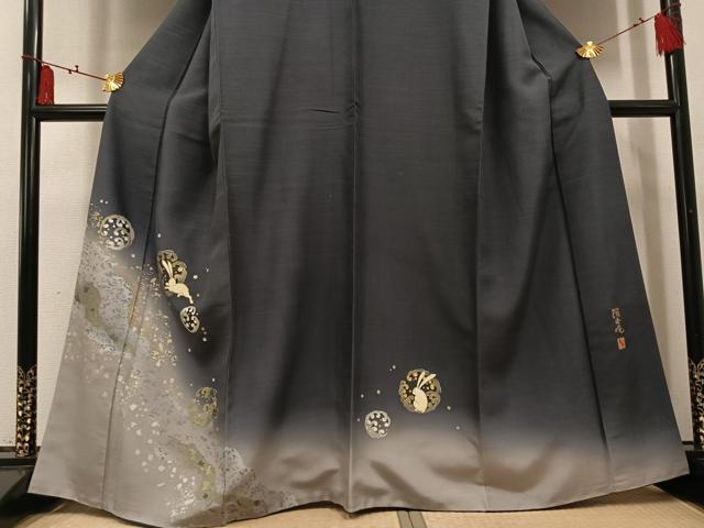 平和屋着物●螺鈿作家　藤本隆士　訪問着　螺鈿　兎　千鳥　阿吽庵　金銀彩　正絹　逸品　AABI3018ph