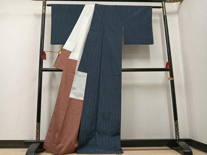 平和屋着物●お召　140亀甲　変わり間道　正絹　逸品　AABI3029ph