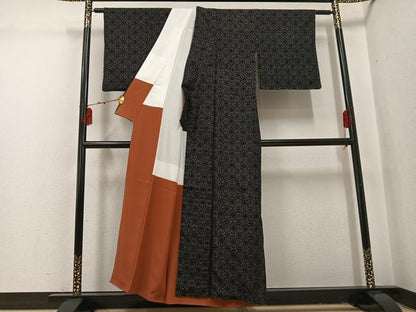 平和屋着物●結城ちぢみ　草花文　黒地　正絹　逸品　AABI3033ph