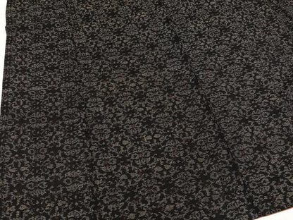 平和屋着物●結城ちぢみ　草花文　黒地　正絹　逸品　AABI3033ph