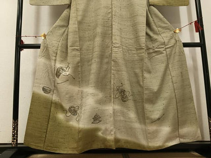 平和屋着物●訪問着　生紬　作家物　手描き　器物草花文　暈し染め　金彩　正絹　逸品　AABI3035ph