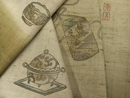 平和屋着物●訪問着　生紬　作家物　手描き　器物草花文　暈し染め　金彩　正絹　逸品　AABI3035ph