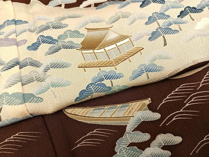 平和屋着物●訪問着　友禅　浜松風景船文　正絹　逸品　未使用　AABI3045ph
