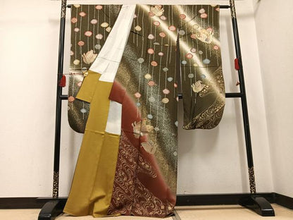 平和屋着物●豪華振袖　立波舞蝶文　暈し染め　金銀彩　正絹　逸品　AABI3056ph