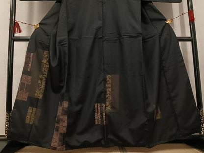 平和屋着物●本場大島紬　染大島　訪問着　飛鳥扇面花文　黒地　正絹　逸品　AABI3063ph