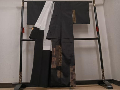 平和屋着物●本場大島紬　染大島　訪問着　飛鳥扇面花文　黒地　正絹　逸品　AABI3063ph