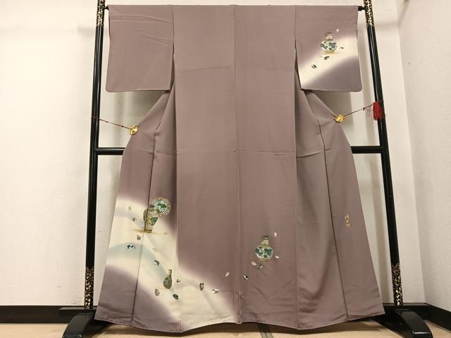 平和屋着物●螺鈿作家　藤本隆士　訪問着　手描き　陶器花文　暈し染め　金銀彩　正絹　逸品　AABI3080ph