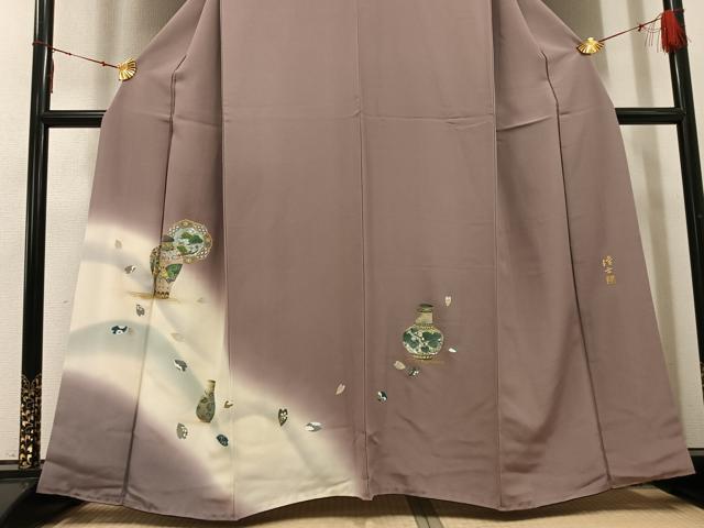 平和屋着物●螺鈿作家　藤本隆士　訪問着　手描き　陶器花文　暈し染め　金銀彩　正絹　逸品　AABI3080ph
