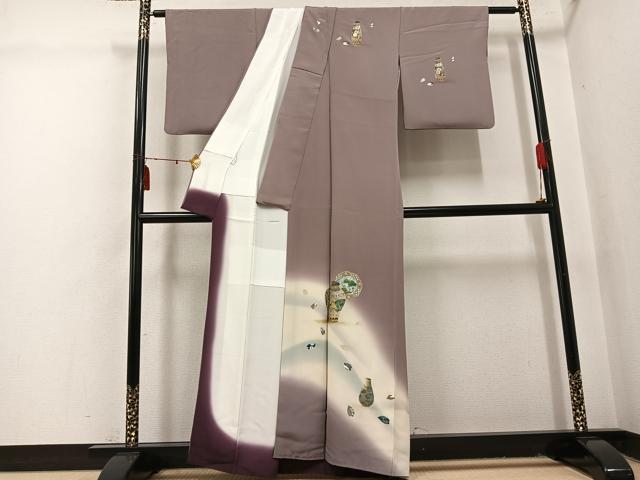 平和屋着物●螺鈿作家　藤本隆士　訪問着　手描き　陶器花文　暈し染め　金銀彩　正絹　逸品　AABI3080ph
