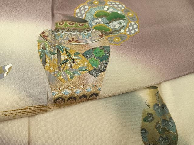 平和屋着物●螺鈿作家　藤本隆士　訪問着　手描き　陶器花文　暈し染め　金銀彩　正絹　逸品　AABI3080ph