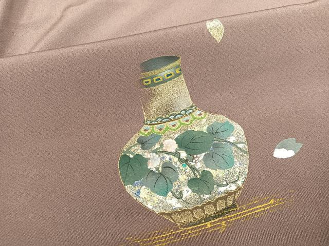 平和屋着物●螺鈿作家　藤本隆士　訪問着　手描き　陶器花文　暈し染め　金銀彩　正絹　逸品　AABI3080ph