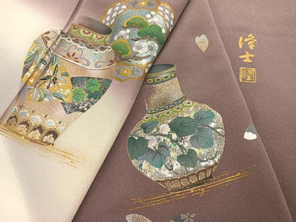 平和屋着物●螺鈿作家　藤本隆士　訪問着　手描き　陶器花文　暈し染め　金銀彩　正絹　逸品　AABI3080ph