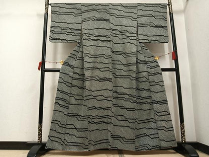 平和屋着物●上質な小紋　総絞り　幾何学文様　黒地　正絹　逸品　AABI3087ph