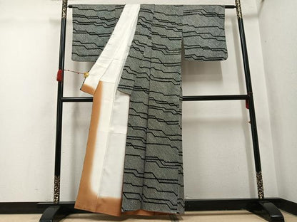 平和屋着物●上質な小紋　総絞り　幾何学文様　黒地　正絹　逸品　AABI3087ph