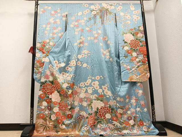 平和屋着物●十日町老舗ブランド　吉澤友禅　吾妻徳穂　振袖　駒刺繍　草花文　金彩　ロング丈　正絹　逸品　AABI3089ph