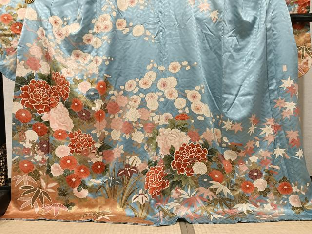 平和屋着物●十日町老舗ブランド　吉澤友禅　吾妻徳穂　振袖　駒刺繍　草花文　金彩　ロング丈　正絹　逸品　AABI3089ph
