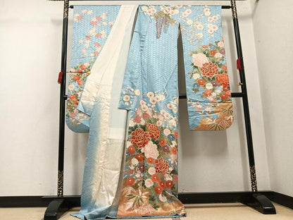 平和屋着物●十日町老舗ブランド　吉澤友禅　吾妻徳穂　振袖　駒刺繍　草花文　金彩　ロング丈　正絹　逸品　AABI3089ph