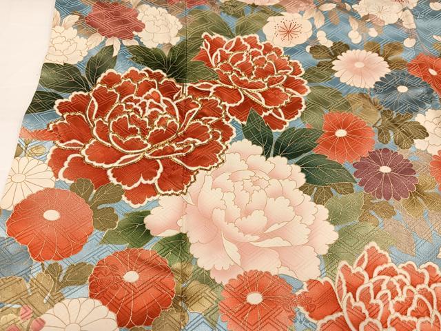 平和屋着物●十日町老舗ブランド　吉澤友禅　吾妻徳穂　振袖　駒刺繍　草花文　金彩　ロング丈　正絹　逸品　AABI3089ph